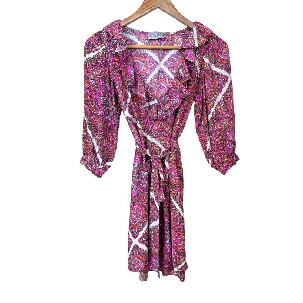 Alice & Trixie 100% Silk Designer Dress Pink Boho Paisley Women's sz XS Ruffles - Picture 2 of 13